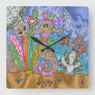 Reloj Cuadrado Arte de tortuga marina caballito de mar psicodélic