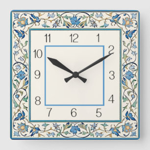 Reloj Cuadrado Arte Deco Flor Azul