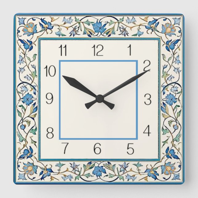 Reloj Cuadrado Arte Deco Flor Azul (Anverso)