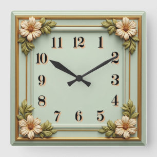 Reloj Cuadrado Arte Deco Floral Menta