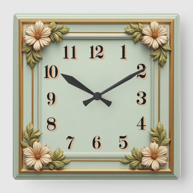 Reloj Cuadrado Arte Deco Floral Menta (Anverso)