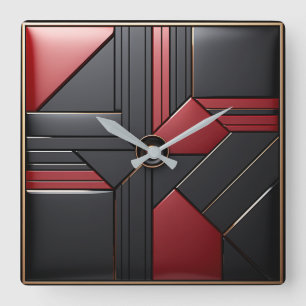 Reloj Cuadrado Arte Deco Geométrico Rojo Negro Elegante