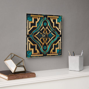 Reloj Cuadrado Arte Deco mármol griego verde dorado mandala lujo