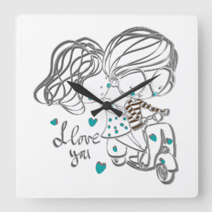 Reloj Cuadrado Arte digital "Te Amo" dibujado a mano y adorable