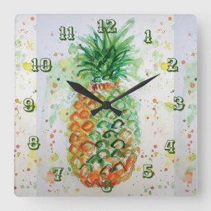 Reloj Cuadrado Arte en Acuarela de Fruta Tropical Piña Lima