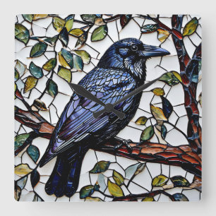Reloj Cuadrado arte en mosaico de aves grajo