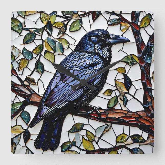 Reloj Cuadrado arte en mosaico de aves grajo (Anverso)
