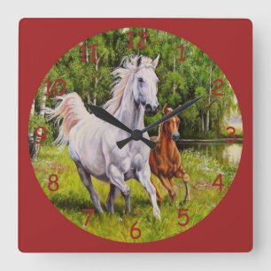 Reloj Cuadrado Arte fino de hermosos caballos corriendo