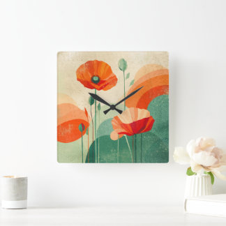 Reloj Cuadrado Arte floral abstracto poppy moderno retro
