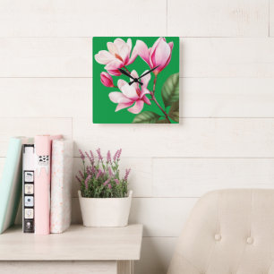 Reloj Cuadrado Arte floral de flor rosa simple elegante
