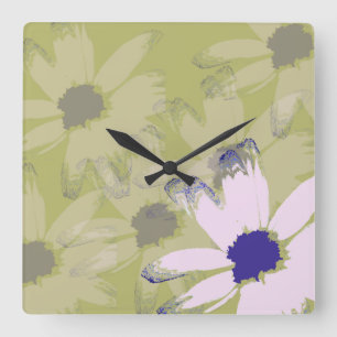 Reloj Cuadrado Arte floral de margarita verde oliva rosa