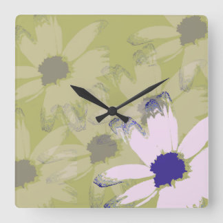 Reloj Cuadrado Arte floral de margarita verde oliva rosa