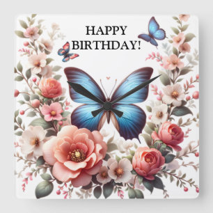 Reloj Cuadrado Arte Floral de Mariposa Azul Personalizable-96279
