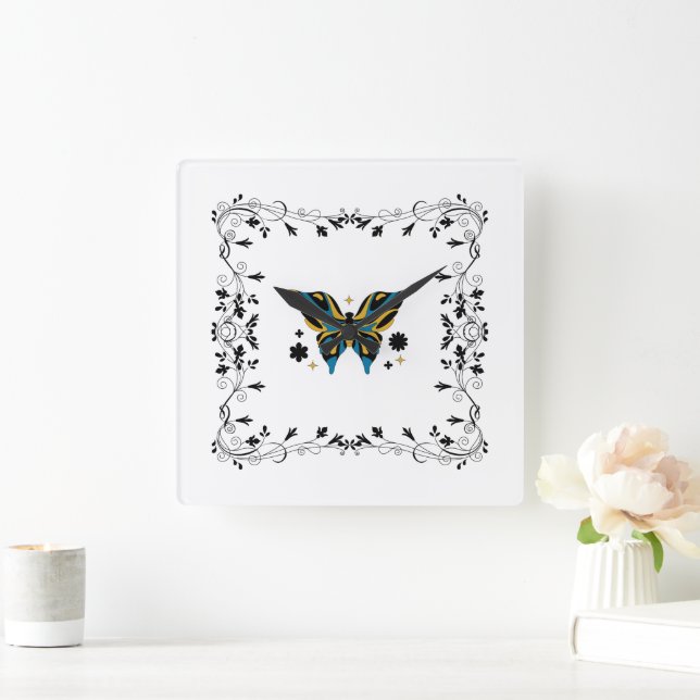 Reloj Cuadrado Arte floral de mariposa negra, fluido caprichoso (Hogar)
