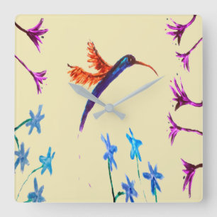 Reloj Cuadrado Arte Floral de Pájaros Colibrí