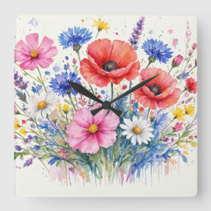 Reloj Cuadrado Arte floral de ramo de pradera de flores silvestre