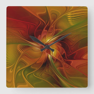 Reloj Cuadrado Arte floral fractal abstracto rojo naranja marrón 