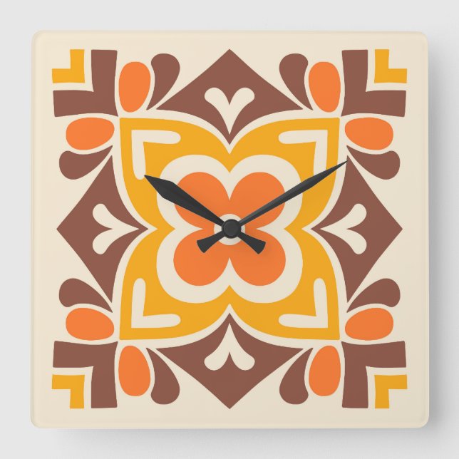 Reloj Cuadrado Arte Folclórico en Flor (Anverso)