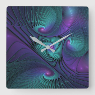 Reloj Cuadrado Arte fractal abstracto moderno de púrpura y turque