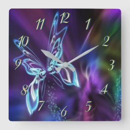 Reloj Cuadrado Arte fractal de mariposa azul neón morado