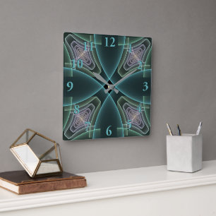 Reloj Cuadrado Arte gráfico geométrico fractal teal moderno