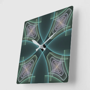 Reloj Cuadrado Arte gráfico geométrico fractal teal moderno