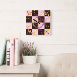 Reloj Cuadrado Arte gráfico rosa y negro, tablero de cheques míst