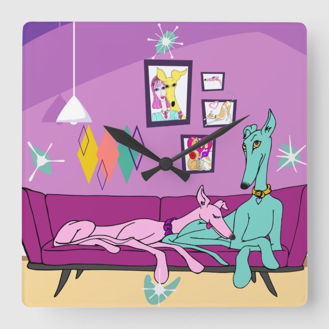 Reloj Cuadrado Arte Greyhound moderno de mediados de siglo (Anverso)