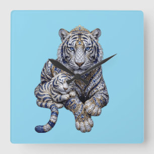 Reloj Cuadrado Arte Majestuoso del Tigre Blanco con Joyas Reales
