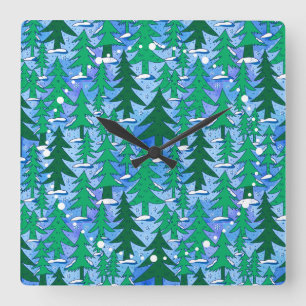 Reloj Cuadrado Arte Naíf Bosque de Abetos Invernal Verde Azul