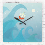 Reloj Cuadrado Arte Náutico en barco de vela<br><div class="desc">Un barco de vela se sienta en la cima de una ola oceánica por debajo de un cielo de estrellas. Perfecto para marineros,  viajeros y aventureros por todas partes.</div>
