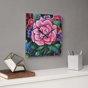Reloj Cuadrado Arte Nouveau Botánico Floral Caprichoso Rosa Rosa