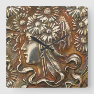 Reloj Cuadrado Arte Nouveau Repousse de plata virginal Acryllic
