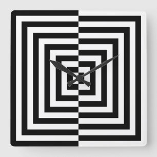 Reloj Cuadrado Arte Óptico de Cuadrados Concéntricos Blanco y Neg
