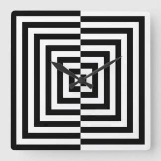 Reloj Cuadrado Arte Óptico de Cuadrados Concéntricos Blanco y Neg