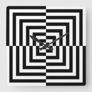 Reloj Cuadrado Arte óptico de cuadrados concéntricos en blanco y 