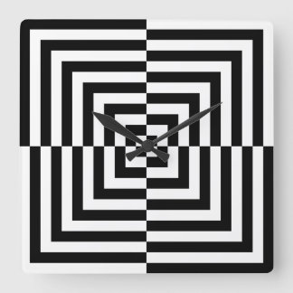 Reloj Cuadrado Arte óptico de cuadrados concéntricos en blanco y