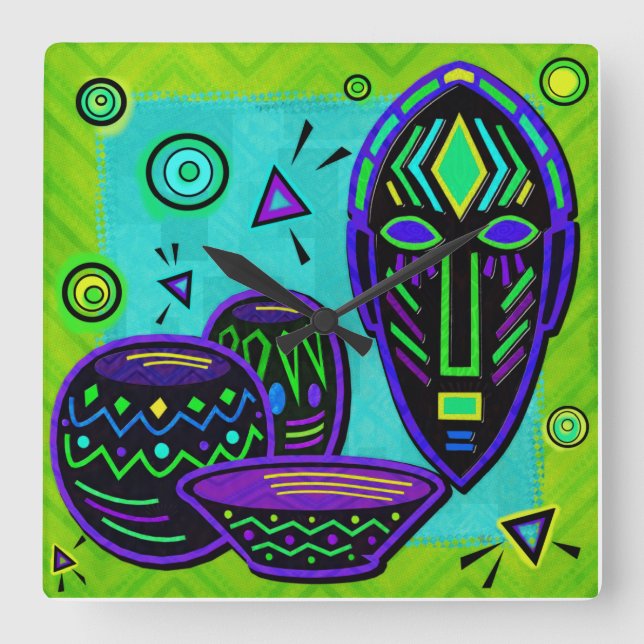 Reloj Cuadrado Arte pop africano artístico (Anverso)