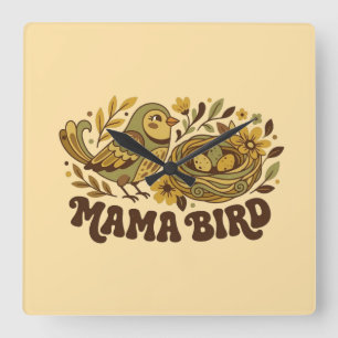 Reloj Cuadrado Arte Retro de Mamá Pájaro – Ilustración de la Natu