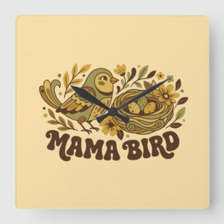 Reloj Cuadrado Arte Retro de Mamá Pájaro – Ilustración de la Natu
