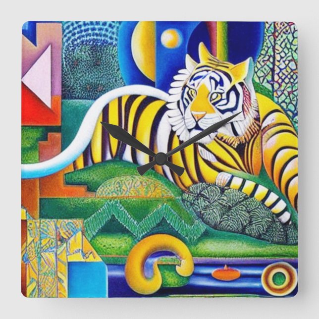 Reloj Cuadrado Arte Tigre Contemporáneo - Decoración Que Atrapa L (Anverso)