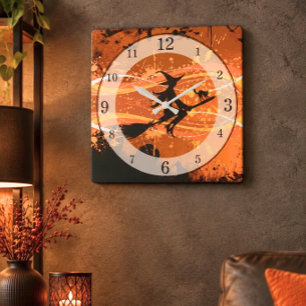 Reloj Cuadrado Artesanal y genial silueta de bruja voladora de Ha