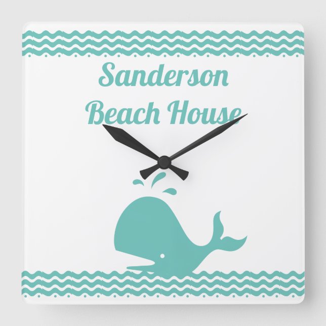 Reloj Cuadrado Artico Verde azulado ballena azul y olas Costa azu (Anverso)