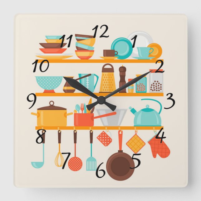 Reloj Cuadrado Artículos animados de la cocina (Anverso)