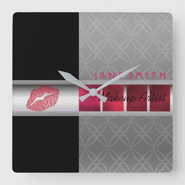 Reloj Cuadrado Artista rojo, rosado, negro y del plata-Maquillaje (Anverso)