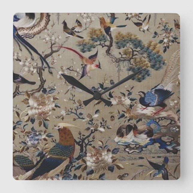 Reloj Cuadrado Asiático,antiguo,seda,pintura,naturaleza,aves,vint (Anverso)