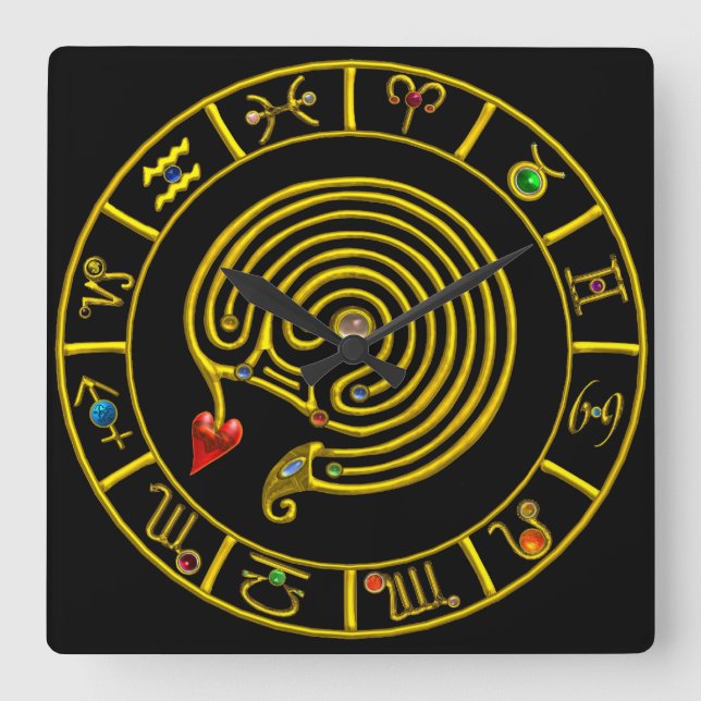 Reloj Cuadrado ASTRAL LABYRINTH GOLD ZODIAC CHART Astrology (Anverso)