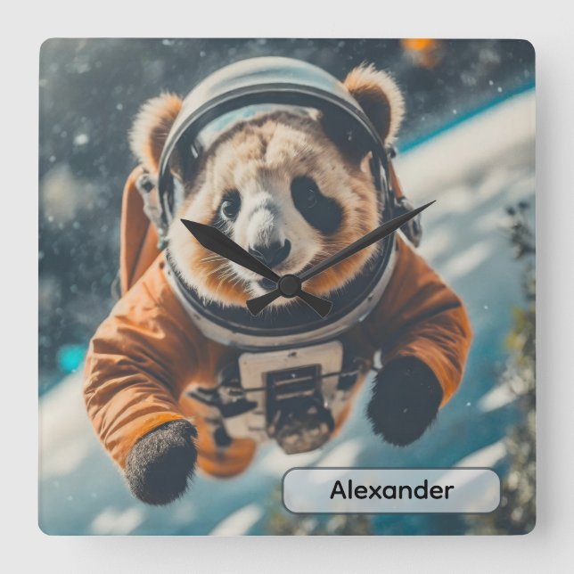 Reloj Cuadrado Astronaut Panda in Space Surreal Animal Nursery (Anverso)