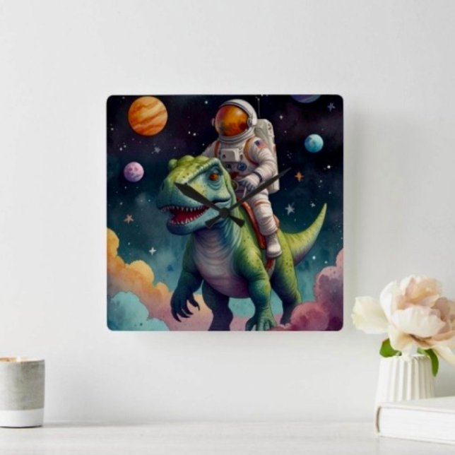 Reloj Cuadrado Astronauta en Dino en el espacio (Wall Clock backside hanging slot  non-ticking design. 2 sizes: 8" diameter or 10.75" diameter.
)