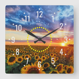 Reloj Cuadrado Atardecer con belleza de girasoles - Rústico exter